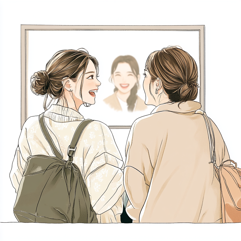 写真選びをする母娘の後ろ姿